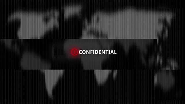 World map silhouette overlaid with binary code and a central glowing text box displaying the word CONFIDENTIAL