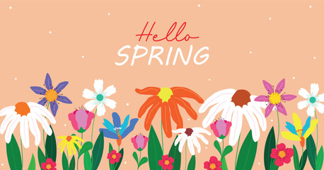 Vibrant hand-drawn flower border with “Hello Spring” text on peach background. Ideal for seasonal designs, greeting cards, and floral-themed graphics.