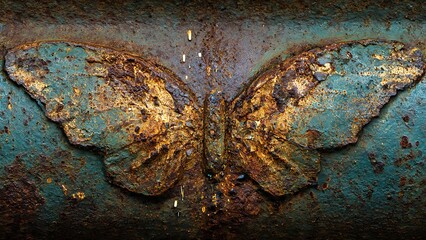 A weathered metal butterfly emblem with peeling turquoise paint, symbolizing decay and beauty on a heavily rusted industrial pipe