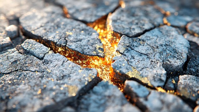 Molten gold lava streams glow intensely through deep cracks in dark, rugged volcanic stone, showcasing raw natural energy - Powered by Adobe