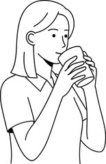 Woman Drinking from Cup Line Art – Isolated on Transparent Background – Black and White Illustration