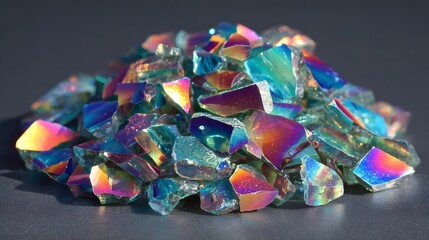 Pile of Iridescent Glass Shards Reflecting a Spectrum of Colors.