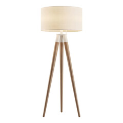 Modern tripod floor lamp with a white fabric shade and wooden legs isolated on transparent background