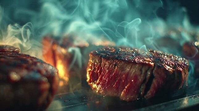 Juicy steaks sizzling and smoking on a grill, creating an appetizing and mouthwatering culinary experience