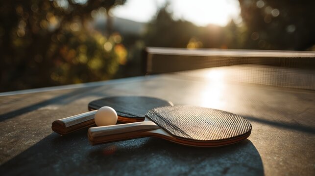 Ping Pong Paddles and Ball on Outdoor Table at Sunset.