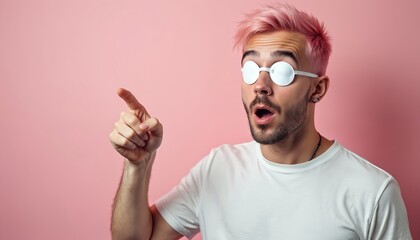 Astonished man with trendy pink hair points finger at copy space for ad. Surprised guy in weird glasses, white t-shirt shows wow emotion. Young male with open mouth, beard advertises on isolated pink