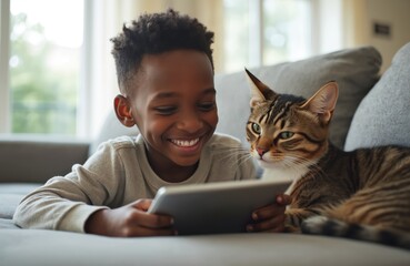 Young african american boy with cat uses tablet on sofa. Child smiles, plays game, watches video online. Pet rests near kid on couch, home leisure, indoor relaxation.