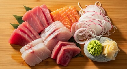 Assorted sashimi platter with tuna, salmon, white fish, radish, wasabi, and ginger on a wooden board.
