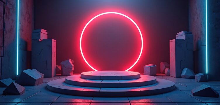 Abstract 3D rendering of a futuristic stage with neon lights. Cyberpunk style illustration features a glowing circle. A showcase for product display or gaming event with sci-fi theme.