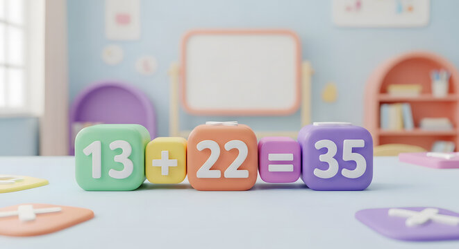 Colorful Math Blocks Displaying Addition Problem and Solution.
