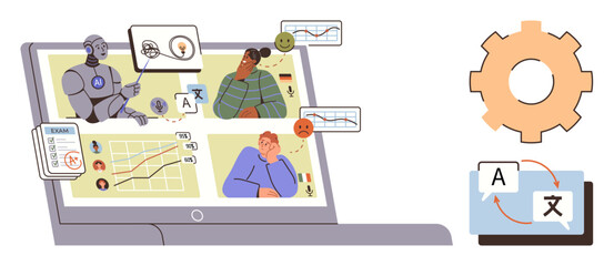 Laptop screen showcasing AI analyzing text, charts, and expressions of diverse people. Ideal for technology, AI, analytics, communication, machine learning multilingual tools education. Simple flat