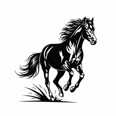 Elegant black horse galloping across a field with determination and grace.