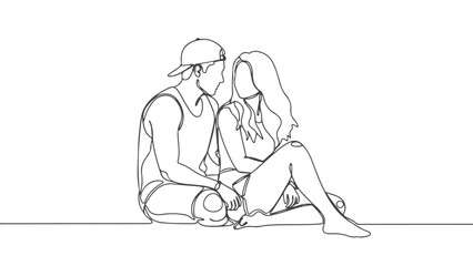 A loving couple sitting together illustrated in a minimalist continuous one line art style, a romantic hand-drawn sketch. f