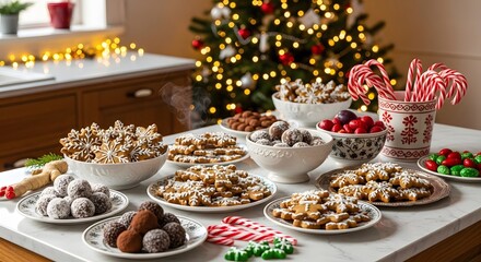 A festive holiday table laden with assorted christmas cookies and candy