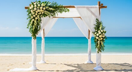 Beautiful beach wedding arch decorated with white roses and greenery