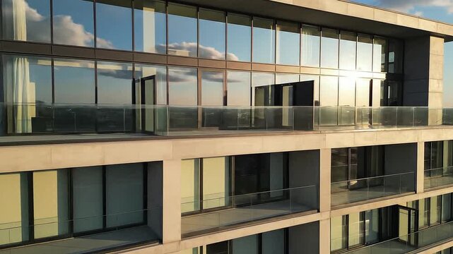 Modern Architectural Balcony View with Reflections and Cloudy Sky during Sunset