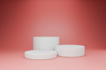 The white cylindrical display stands are arranged statically on a pink surface
