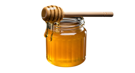 Glass jar of honey with wooden dipper isolated on transparent background