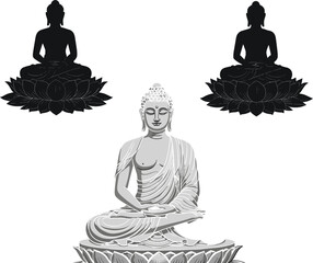Buddha meditation silhouette, lotus pedestal illustration, spiritual enlightenment art, black and grayscale design, religious symbolism, serene composition, Buddhist devotion