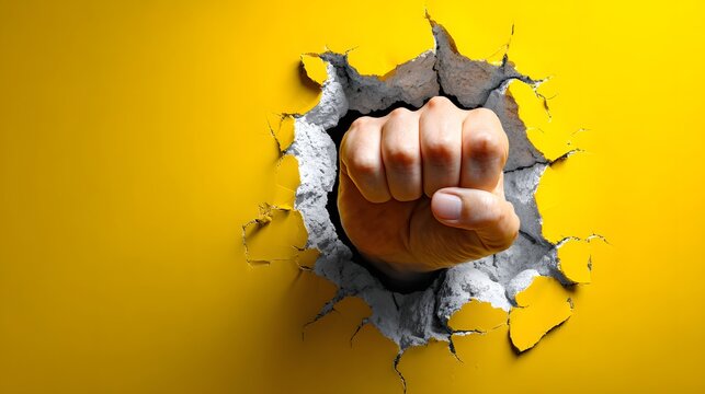 Powerful Fist Breaking Through Yellow Wall Demonstrating Strength and Determination.
