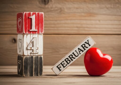 Wooden block calendar showing february 14th with a red heart, symbolizing valentines day and love - Powered by Adobe