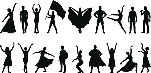 Human silhouette vector set with dancers, performers, superheroes, flags and expressive poses for celebration, art and motion design