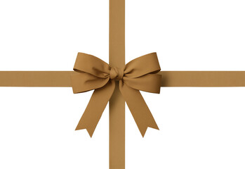 Top view of elegant mustard gold ribbon bow with crossed bands on plain background, Gift box wrapping overlay and packaging mockup concept.