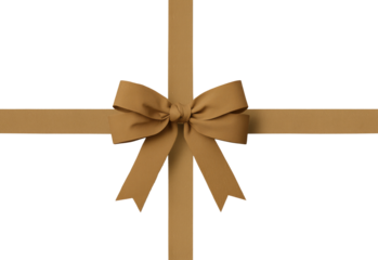 Top view of elegant mustard gold ribbon bow with crossed bands on plain background, Gift box wrapping overlay and packaging mockup concept.