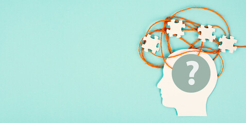 Human mind, question mark and puzzle pieces, brain ask for answer, brainstorming, overthinking, connecting knowledge and wisdom, confusion and clarity