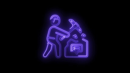 Neon style data mining with pickaxe icon animation on black background