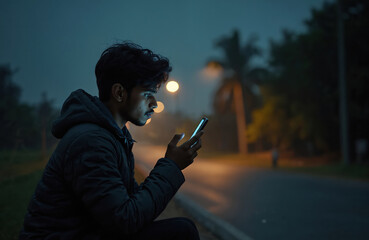 An Indian teenager uses his smartphone outdoors at night. The boy looks at screen browsing. Digital tech use at dusk in city street. Portrait of young asian man with mobile device.