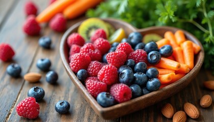 Heart shaped bowl with fresh berries carrots almonds and kiwi. Healthy food for diet and wellness promotes good heart health and nutrition. Eat clean.