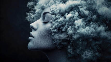 Profile of a woman with smoke forming her hair, against a dark background, conveying a sense of contemplation and mystery.