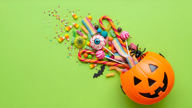 Halloween candy spilling from jack o lantern bucket