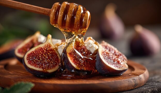 Honey drizzled over figs and cheese on a wooden board - Powered by Adobe