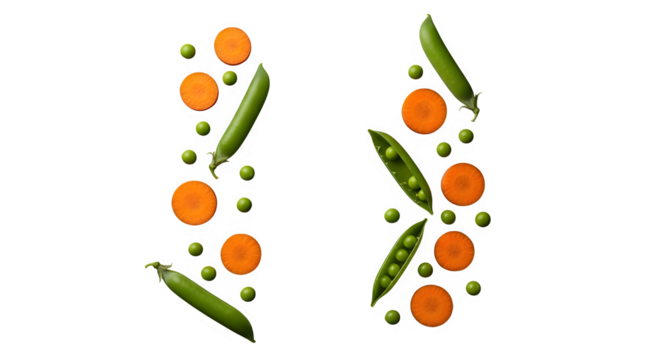 Fresh carrot slices and green peas pods arranged vertically isolated on transparent background