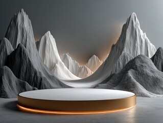 Minimalist Luxury Landscape Product Display with Geometric Mountains and Gold Trim Platform