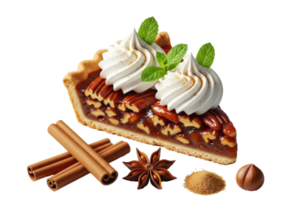 Close-up of a golden pecan pie slice with fluffy whipped cream, fresh mint, and spice, alongside cinnamon sticks, star anise, and hazelnut on a transparent studio background, autumnal holiday dessert