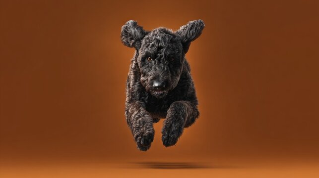 A black curly-coated dog playfully leaps into the air, capturing the essence of joy and energy against a vibrant warm background, embodying happiness in every jump