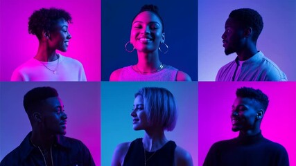 Cheerful diverse coworkers chatting in bright neon video call interface symbolizing remote teamwork digital communication online meetings and hybrid office culture for modern business presen - Powered by Adobe