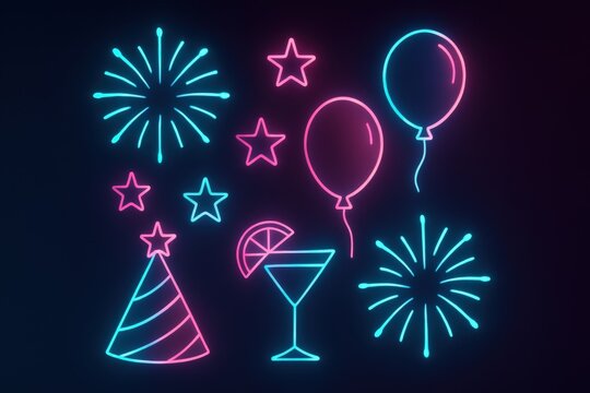 Neon celebration elements featuring party balloons cocktails festive stars and fireworks captured in vivid tones of blue and pink evoking joy and excitement