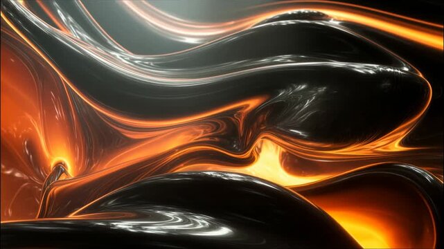 Liquid metallic shapes in black and fiery orange flowing in slow motion creating dramatic abstract background that works as energetic graphic resource for music visuals technology promos and