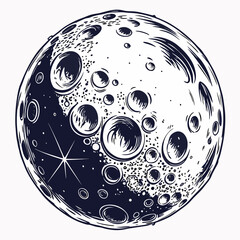 Detailed ink drawing of a stylized moon with craters and a bright starburst against a white background