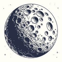 Detailed illustration of a full moon with craters and stars in a dark blue and white color scheme against a light background