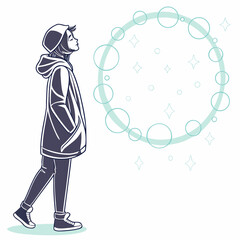Young person in a hooded jacket and beanie looking up at a whimsical circle of bubbles and stars
