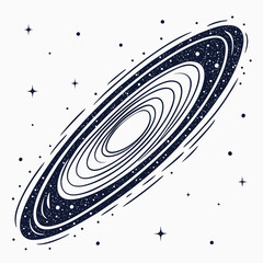 Stylized illustration of a dark blue spiral galaxy with concentric rings and scattered stars against a white background