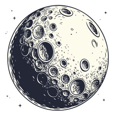 Detailed illustration of the moon with craters and stars in a vintage engraving style