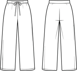 CAD drawing flat vector illustration of sweatpants front and back view, elastic waistband with drawstring, straight leg lounge pants design