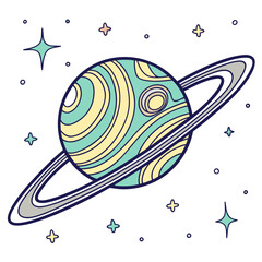 Whimsical cartoon planet with colorful rings and stars in a simple flat design style