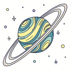 Stylized illustration of a ringed planet with swirling patterns in pastel yellow and teal against a white background with stars and small circles